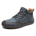 Retro fog blue high-top men leather boots with non-slip brown rubber sole and logo - EU 39 / Blue