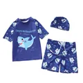 Maillot de bain 3 pièces bleu marine pour garçon avec motif requin et bonnet de bain - Requin Bleu Surfant