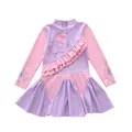 Meisjes badpak met lange mouwen zeemeermin print en ruches in roze en paars - XL / Roze Krullend Haar