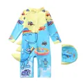 Detailansicht Kinder-Schwimmanzug mit blauem Dino-Aufdruck und passender Schwimmkappe - Spielzeugkönigreich (P86-16BW)