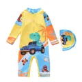 Detailansicht eines Jungen-Schwimmanzugs mit Dinosaurier-Print, Langarm und Reißverschluss - Geländewagen (CM86-23MZ)