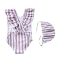Flat lay of purple striped girls' swimsuit with ruffle neck and matching swim cap - S (70-80cm) / Off White Stripe Cross Strap