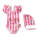 Detail of girls' striped swimsuit with watermelon prints and ruffled shoulder straps - S (70-80cm) / Red Stripe Fruit Cross Strap