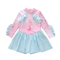 Pink and blue girls' long sleeve one-piece swimwear with cute mermaid print and ruffles - 2XL / Starry Pink