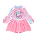 Pink and blue long-sleeved girls' one-piece swimsuit with mermaid print and ruffles - 2XL / Dazzling Pink Blue