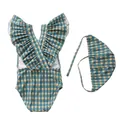 Detailed flat lay of striped girls one-piece swimsuit and matching tie-up swim cap - S (70-80cm) / Dark Green Yellow Grid Cross Strap