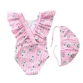 Detail of baby girl striped swimsuit with cute koala print and ruffled fly sleeves - Pink Stripe Koala Cross Strap