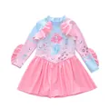 Detail view of girls long-sleeve swimwear featuring mermaid print and pink ruffles - 2XL / Azure Blue Mermaid