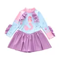 Detail of girls long sleeve swimsuit with mermaid print and purple ruffle trim - 2XL / Graceful Purple Mermaid