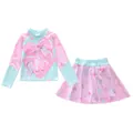 Detalle de traje de baño de dos piezas para niña con manga larga y estampado de unicornio - XL (100-110cm, 32-39 Jin) / Top Y Pantalón / Estilo Corazón de Amor (P2410-3MZ)