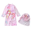 Detail von langärmeligem Mädchen-Badeanzug-Set mit Batikmuster und Einhorn-Motiv - Rosa Lila Batik Einhorn (p1035-3BT)