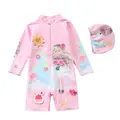 Detailed close-up of girls pink long sleeve swimsuit with cartoon prints and swim cap - M / Cute Girl (p2340-1BW)