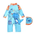 Kinder Einteiler Langarm-Badeanzug Set mit Dino-Print und passender Schwimmkappe - Weisheit (P86-15BW)