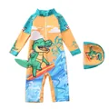 Jungen Langarm-Badeanzug mit orange-blauem Spleiß und surfen Krokodil-Druck mit Kappe - Vorwärts (P86-14BW)