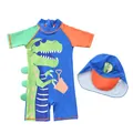 Detailansicht Dinosaurier-Bade-Set mit kurzärmeligem Anzug und Sonnenhut mit Nackenschutz - Dreifarbiger Dinosaurier-Stil