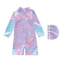 Mädchen langarm Einhorn Meerjungfrau Badeanzug Set mit passender Kappe und Reißverschluss - Lila Sportliche Meerjungfrau (P2340-17)