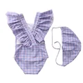 Infant girl's swimsuit set with blue and purple plaid pattern and ruffled straps - Violet Grid Cross Strap