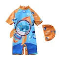 Detail of boys' dinosaur UFO swimsuit set with high-elasticity fabric and vibrant colors - S / Bright Orange Space Dinosaur Pattern