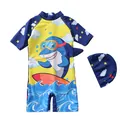 Detailed view of kids shark print one-piece swimsuit and matching swim cap set - S / Navy Surfing Shark Pattern