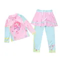 Zweiteiliger Kinderbadeanzug mit Meerjungfrau-Druck und UV-Schutz-Langarmshirt im Detail - 2XL (110-120cm, 39-47 Jin) / Oberteil und Unterteil - Flower Age Stil (P2432-5MZ) / Rosa Blau Verlauf