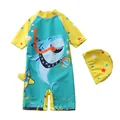 Detail view of boys long-sleeve cartoon shark swimsuit with matching star-print swim cap - S / Lake Blue Diving Shark Pattern