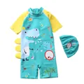 Detail view of boys' dinosaur one-piece swimsuit with matching hat and side 3D fins - S / Cyan Blue Yellow Dinosaur Coconut Tree Pattern