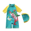 Détail du maillot de bain enfant avec crocodile et bonnet de bain assorti - S / Motif Thème Espace Crocodile Pirate Bleu Lac