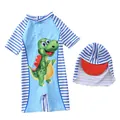 Kinder Einteiler Badeanzug Set in Himmelblau mit Streifen und Cartoon-Dinosaurier-Print - Singender Dinosaurier-Stil