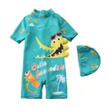 Ensemble de maillot de bain une pièce pour enfants avec imprimé crocodile vert et chapeau - S / Motif Crocodile Dessin Animé Vert Cyan