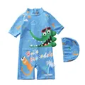 Détail de maillot de bain bleu pour garçon avec motif crocodile et bonnet de bain assorti - S / Motif Crocodile Cocotier Vert Bleu Clair
