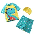 Maillot de bain 3 pièces pour enfants avec motif dinosaure bleu, haut, short et bonnet assorti - L / Dinosaure Guitare Jaune