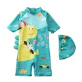 Détail du maillot de bain dinosaure pour garçon avec chapeau et ailerons 3D latéraux - S / Motif Dinosaure Jaune Vert Cyan