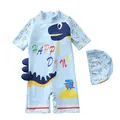 Détail du maillot de bain dinosaure bleu clair pour enfant avec bonnet de bain - S / Motif Lettres Dinosaure Dessin Animé Bleu Clair