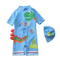 Détail d'un maillot de bain bleu clair pour garçon avec motif dinosaure et nageoires 3D - S / Motif Dinosaure Bleu Clair Texture Denim