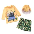 Ensemble de bain 3 pièces garçon avec haut jaune manches longues et short avocat - S (70-80cm, 7.5-10kg) / Ensemble / Chat de la Fortune (D56-8BY)