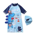 Detail of blue boys' one-piece swimsuit with dinosaur car print and matching hat - S / Light Blue Dinosaur Car Pattern Style