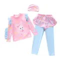 Detail-Set aus rosa langärmeligem Rüschen-Sonnenschutz-Badeanzug für Mädchen mit Hasenprint - 2XL / Erdbeer-Hase (D240406-5YT)