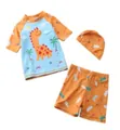 Maillot de bain 3 pièces bleu pour garçon avec motifs dinosaures, haut court et bonnet assorti - Dinosaure Girafe Bleu