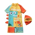Close-up of boys dinosaur swimwear featuring 3D scales and vibrant roar typography - S / Vibrant Yellow Orange Cyan Green Dinosaur Print Style