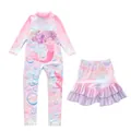 Close-up of pink long-sleeve kids swimsuit with mermaid scales and cartoon pattern - Mermaid Legend Style (CM2501-8XZ)