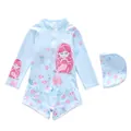 Flat lay of long-sleeved kids swimsuit set with mermaid prints and a matching swim cap - 2XL / Light Blue Mermaid Style (D247-12XY)