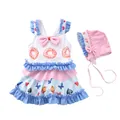 Mädchen-Badeanzug mit Donut-Muster, rosa Schleife und passender Rüschen-Badekappe - S (70-80cm) / Set / Donut-Stil (CM2025-1)