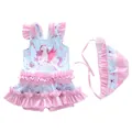 Detail von hellblauem Mädchen-Badeanzug-Set mit Einhorndruck und rosa Rüschensaum - S (70-80cm) / Set / Tanzendes Einhorn-Stil (CM2025-5XY)