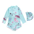 Kids long sleeve mermaid print swimsuit with matching swim cap on white background - 2XL / Blue Sea Swing (D247-14XY)