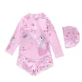 Pink girls long-sleeved unicorn swimsuit set with matching swimming cap for sun protection - 2XL (110-120cm, 39-47 Jin) / Pink Unicorn (D247-11XY)