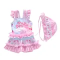 Detail eines rosa Einhorn-Badeanzugs für Mädchen mit Rüschen und passender Badekappe - S (70-80cm) / Set / Dessert-Einhorn-Stil (CM2025-9XY)