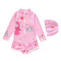 Detail of pink long-sleeved girls' swimsuit with cartoon princess prints and matching swim cap - 2XL / Top And Bottom / Pink Princess Style