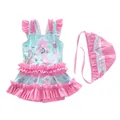 Flachbild eines einteiligen Mädchen-Badeanzugs mit Meerjungfrau-Motiv und rosa Rüschen - S (70-80cm) / Set / Rosa Prinzessin Meerjungfrau (CM2025-7XY)