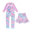 Detail of girls long sleeve swimsuit and pleated skirt with cute mermaid cartoon pattern - Pink Purple Stripe Mermaid (CM2501-6XZ)