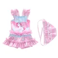 Detail eines pink-blauen Mädchen-Badeanzugs mit Einhorndruck und Rüschenrock - S (70-80cm) / Set / Wolkentraum Einhorn-Stil (CM2025-6XY)